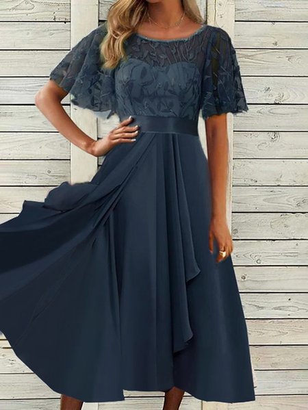 

Crew Neck Flare Sleeve Lace Wedding Prom Dress, Blue, Formal Dresses