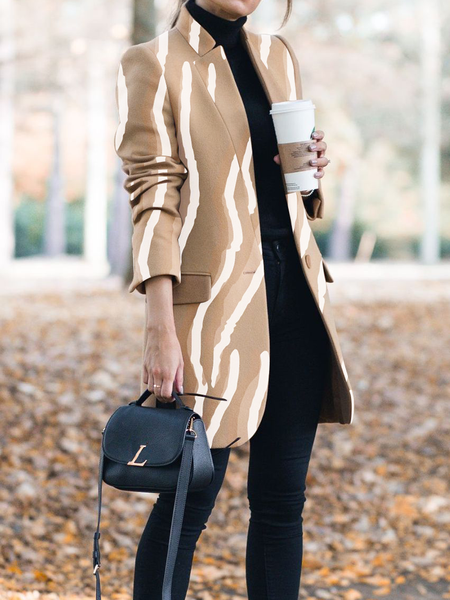

Loose Abstract Lapel Collar Long sleeve Overcoat, Khaki, Blazers