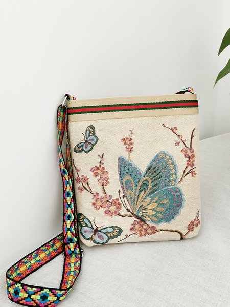 

Ethnic Butterfly Flower Double Sided Embroidered Messenger Bag Daily Vintage Canvas Bag, As picture, Women's Bags
