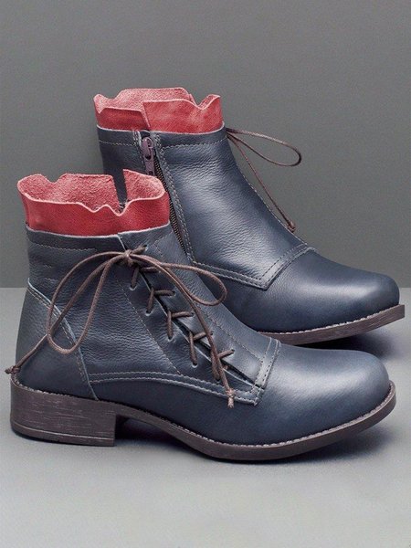 

Side Tie Vintage Contrast Panel PU Leather Booties, Royal blue, Boots
