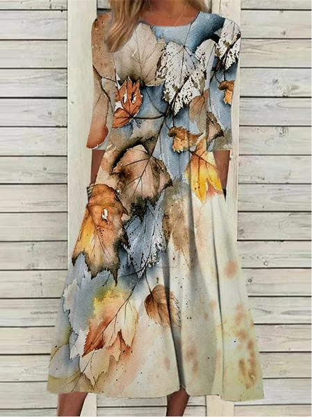 

Crew Neck Leaf Casual Dress, Multicolor, Dresses