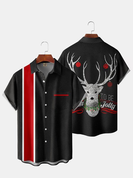 

Men's Back Christmas Print Casual Breathable Short Sleeve Shirt with Pockets, Black, Short Sleeve Shirts
