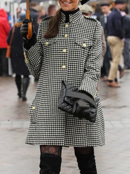 

Urban Stand Collar Houndstooth Long Sleeve Jacket, Black-white, Jackets