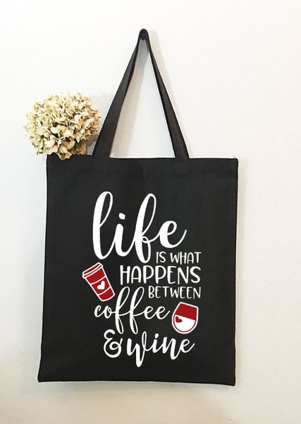 

Life Is What Happed Between Coffee And Wine Shopping Tote, Black, Bags
