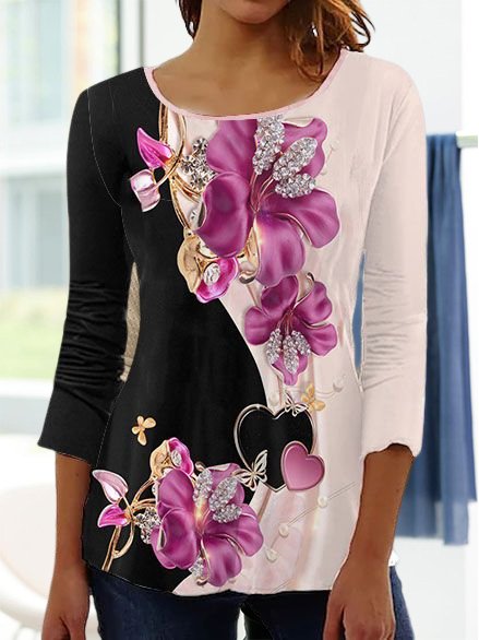 

Casual Floral Design Crew Neck Long Sleeve Top, Multicolor, Tops