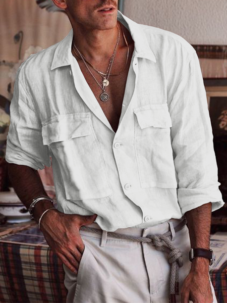 

Cotton Linen Style American Casual Linen Multi Pocket Long Sleeve Linen Shirt, As picture, Long Sleeve Shirts