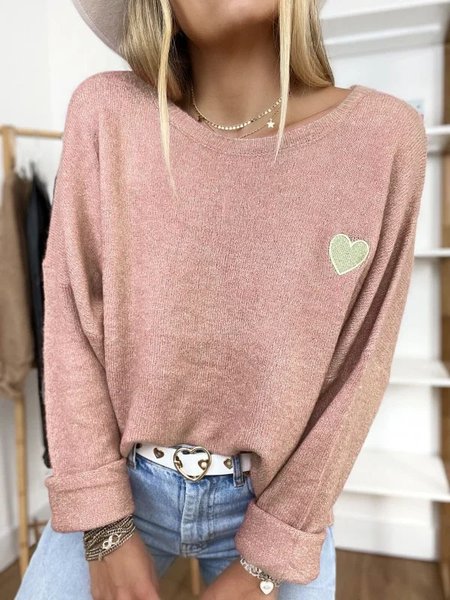 

Casual Plain Heart Embroidered Long Sleeve Crewneck Sweater, Pink, Sweaters