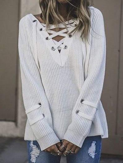 

Wool/Knitting Casual V Neck Sweater, White, Sweaters