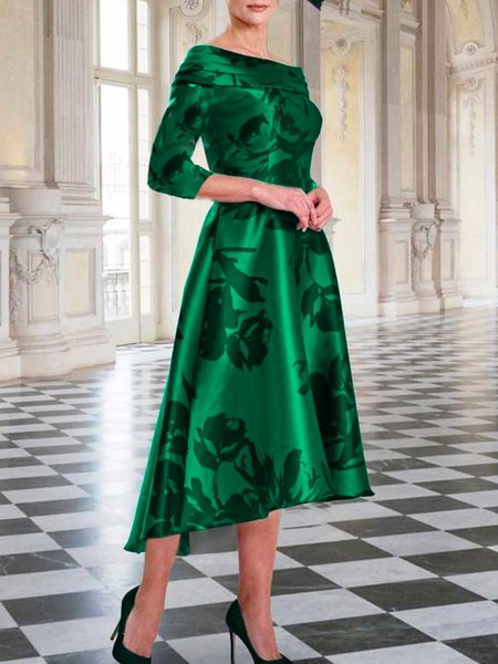 

Green Midi Three Quarter Floral Cold Shoulder Elegant Dress, Midi Dresses