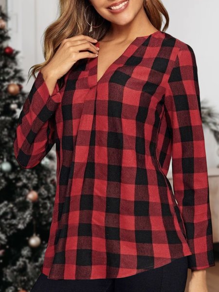 

V Neck Casual Plaid Loose Christmas Blouse, Red, Blouses & Shirts