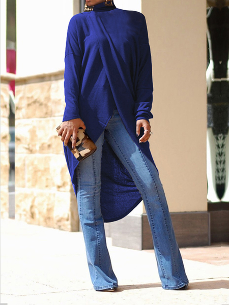 

High Elasticity Loose Turtleneck Urban Daily Tops, Blue, Tees