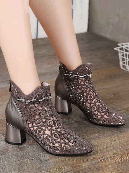 

Rhinestones Mesh Cutout Piece Chunky Heel Pointed Toe Booties, Gray, Shoes