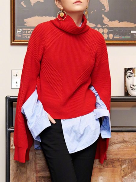 

Daily Long sleeve Plain Turtleneck Regular Fit Sweater, Red, Pullovers