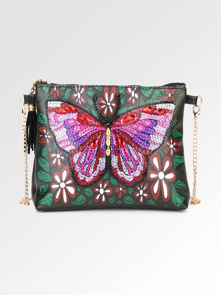 

Hand-applied Rhinestone Butterfly PU Leather Waterproof Zipper Crossbody Bag, Multicolor, Women's Bags