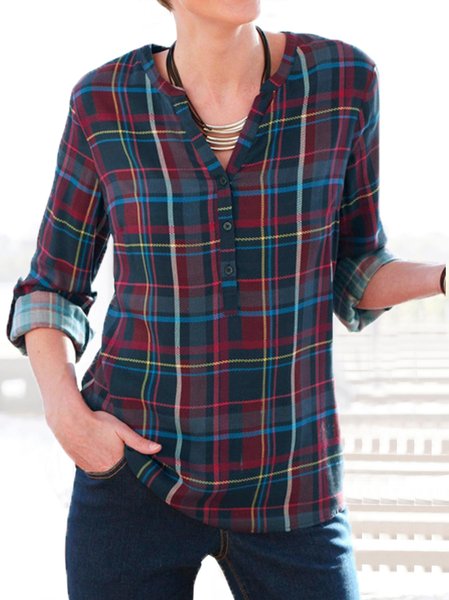

Loose Plaid V Neck Blouse, Multicolor, Shirts & Blouses
