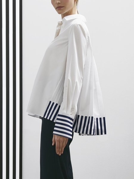 

Striped Simple Long Sleeve Loosen Blouse, White, Blouses and Shirts