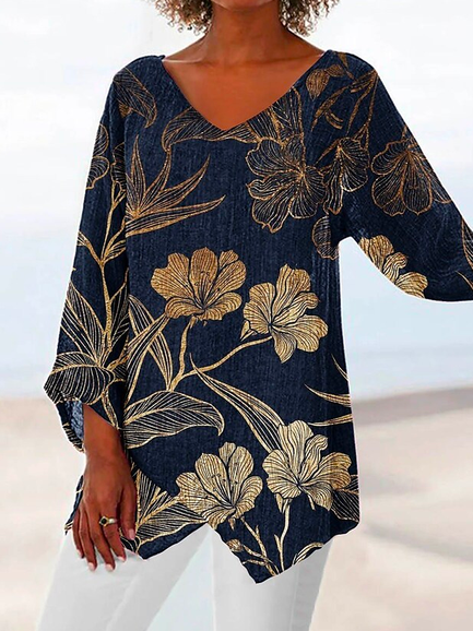 

Loose V Neck Casual Floral Tops, Blue, Shirts & Blouses