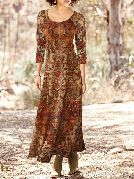 

Jersey Ethnic Printed Crew Neck Long Dress, Brown, Maxi