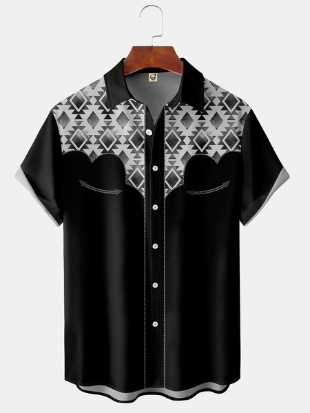 

Men's Vintage Denim Print Front Button Soft Breathable Fake Pocket Casual Western Shirt, Black, Short Sleeve Shirts