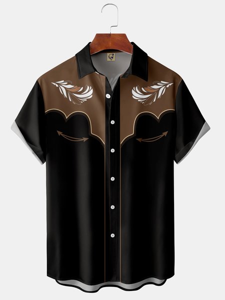 

Men's Vintage Denim Print Front Button Soft Breathable Fake Pocket Casual Western Shirt, Black, Short Sleeve Shirts