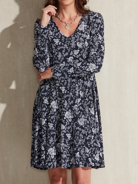 

Floral Casual Crew Neck Dresses, Navy blue, Mini Dresses