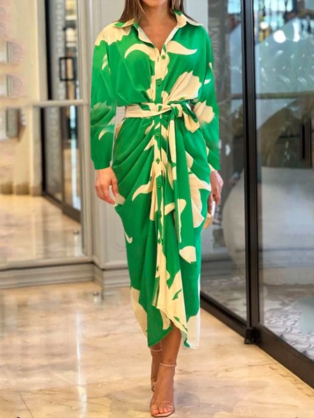

Daily Long sleeve Floral Shirt Collar Regular Fit Dress, Green, Midi Dresses