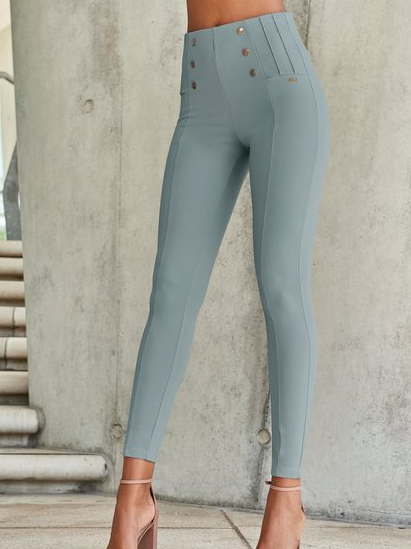 

High Waist Plain Tight Casual Pants, Aqua, Pants