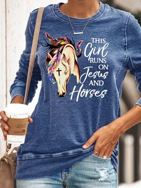 

Womens Horse Girl This Girl Runs On Jesus And Horses Letters Sweatshirt, Blue, Hoodies&Sweatshirts