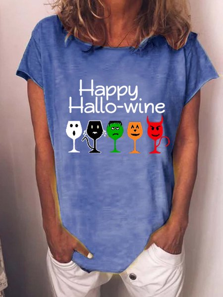 

Women's Funny Halloween Happy Hallo-wine Graphic Casual Crew Neck T-Shirt, Blue, T-shirts