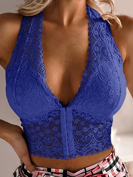 

Sexy Beautiful Back Lace Push Up Front Buckle Bra, Blue, Bras
