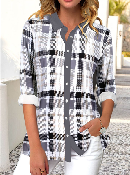 

Casual Tartan Print White Shirt Collar Long Sleeve Blouse, Gray, Shirts & Blouses