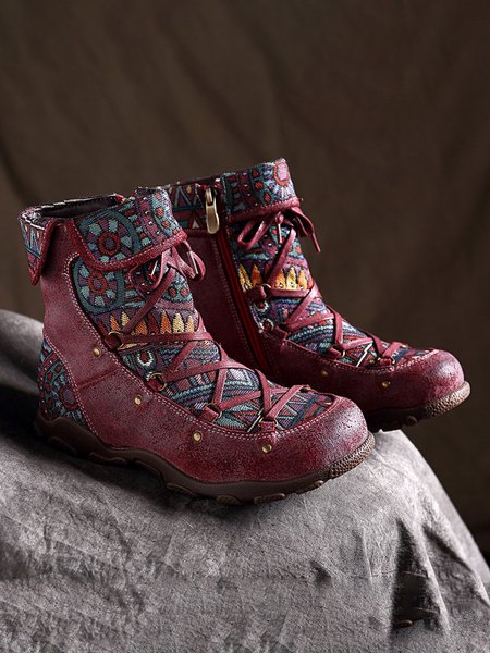 

Ethnic Pattern Patchwork Outdoor Boots, Wine red, Boots
