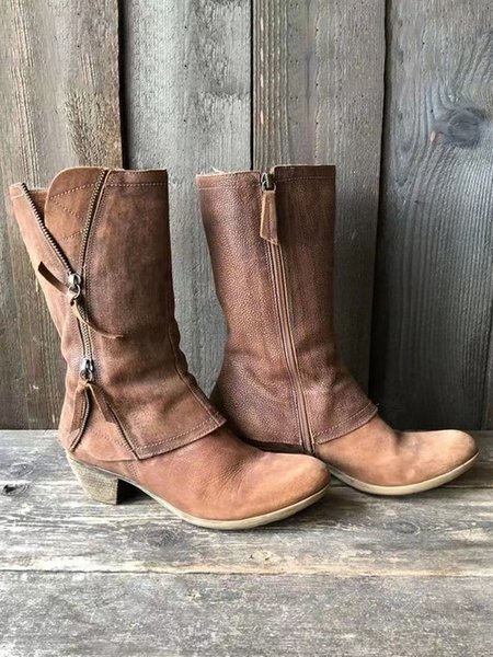 

Zip-Panel Vintage Block Heel Western Cowboy Boots, Brown, Boots