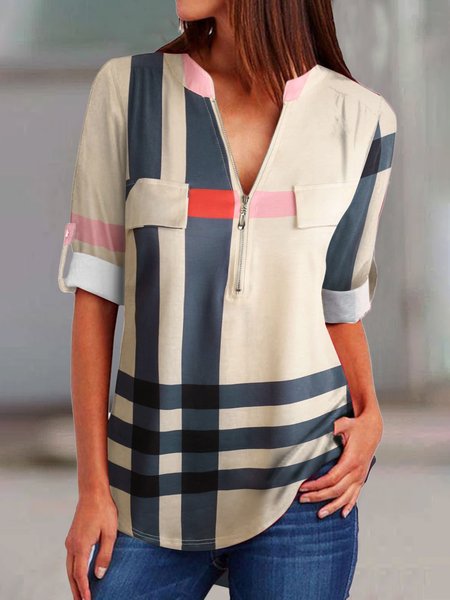 

Stand Collar Striped Casual Tops, Multicolor, Shirts & Blouses