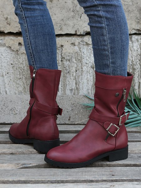 

Simple Solid Color Buckle Decorated Riding Boots Mid Boots, Wine red, Boots
