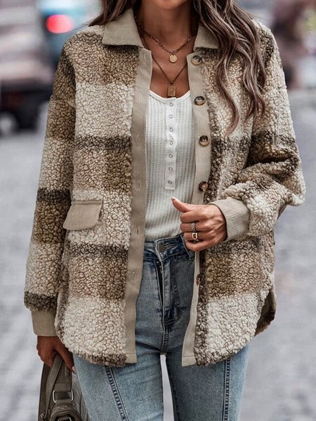 

Corduroy Plaid Faux fur Coat plus size, Khaki, Jackets