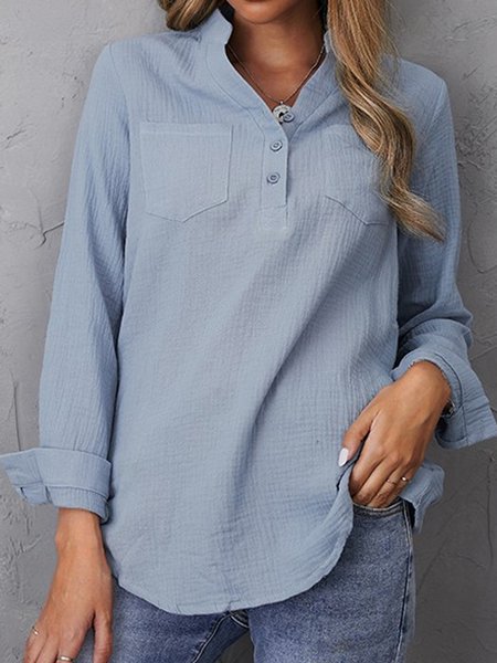

Plain cotton linen half open button shirt plus size, Blue, Blouses & Shirts