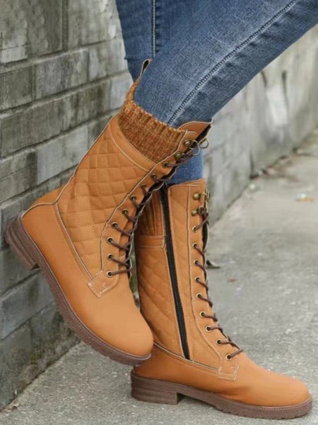 

Knit Panel Lace-Up Zip Round Toe Chunky Heel Boots, Light brown, Boots
