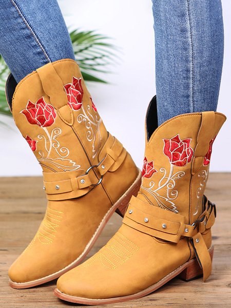 

Vintage Floral Embroidered Sleeve Pointed Toe Chunky Heel Cowboy Boots, Yellow, Boots