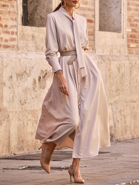 

Elegant Plain Work Long Sleeve Shirt Dress, As picture, Midi Dresses