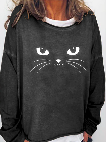 

Halloween Loose Casual Crew Neck Cat Sweatshirts, Black, Tops