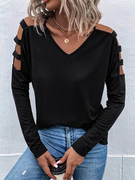 

Plain hollow loose elastic top plus size, Black, T-Shirts