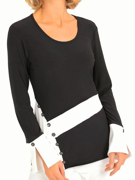 

Regular Fit Crew Neck Color Block Tops, Black, Tops