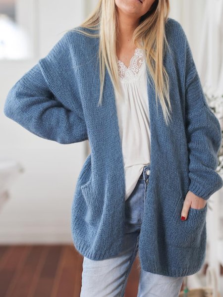 

Plain color pocket coarse needle Cardigan, Blue, Outerwear