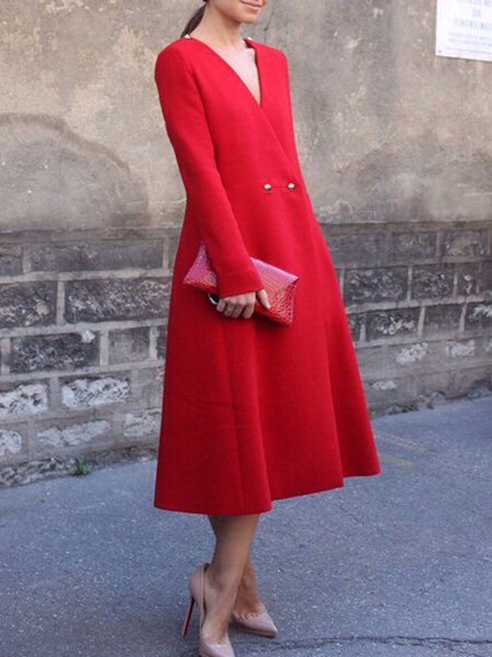 

Elegant Plain V neck Buttoned Long Sleeve Dress, Red, Midi Dresses