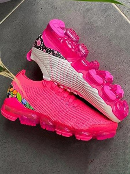 

Printed Panel Lightweight Flyknit Air-Cushioned Sneakers, Red, Sneakers