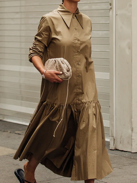 

Loose Shirt Collar Long sleeve Urban Plain Long Dresses, Khaki, Maxi Dresses