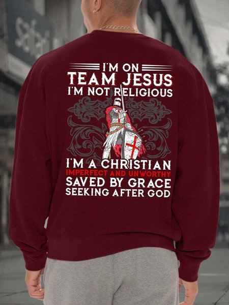 Men Christian Saved By Grace Seeking After God Crew Neck Regular Fit Text Letters Sweatshirt, Red, Hoodies&Sweatshirts