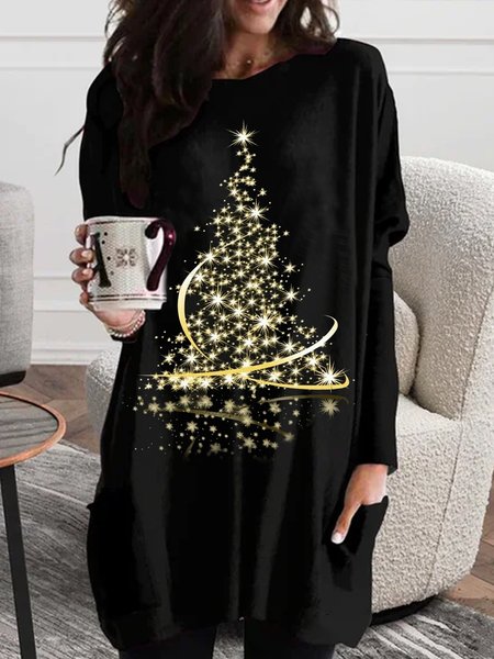 

Christmas Loose Crew Neck Dress, Black, Mini Dresses