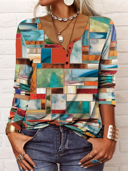 

Casual Geometric Half Open Collar Regular Fit Tops, Multicolor, T-Shirts